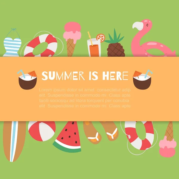 Sommar semester reseaffisch med paraply, vattenmelon, kokos och strand simning flamingo, surfbräda och semester element vektor illustration. — Stock vektor