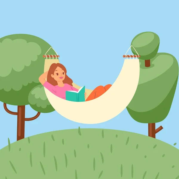 Verano relajarse chica en hamaca en la naturaleza al aire libre, vacaciones de verano ilustración vector de dibujos animados . — Vector de stock