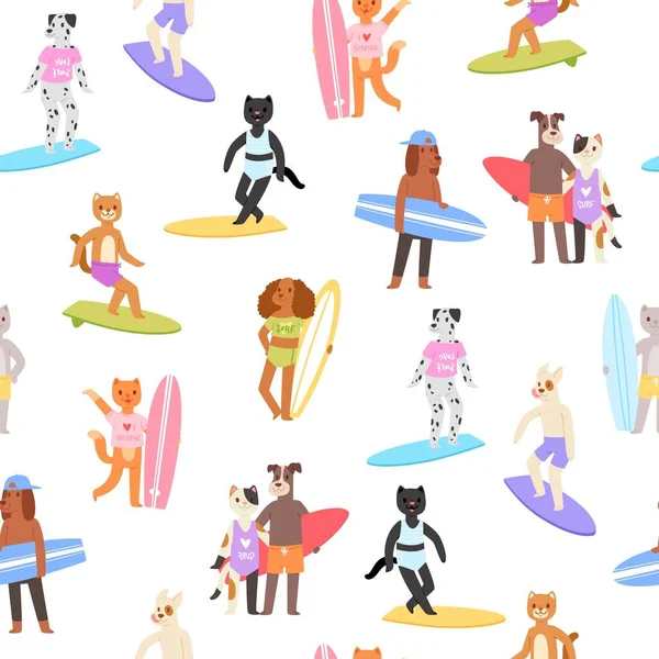 Śmieszne zwierzęta są surfing w morzu kreskówki bezszwowe wzór wektor ilustracji. — Wektor stockowy