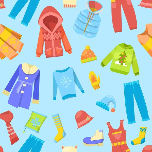 Warme winterkleding en wollen, winterkleding met sjaal, wintermode, buitenkleding seizoensgebonden naadloze patroon vector illustratie. — Stockvector