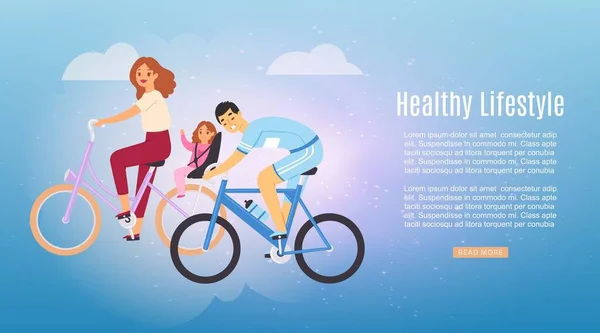 Υγιεινός τρόπος ζωής οικογένεια ιππασία ποδήλατα web banner διανυσματική απεικόνιση. — Διανυσματικό Αρχείο