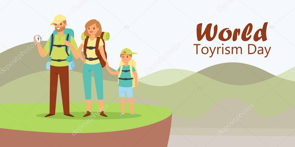 World tourism day with tourists family father, mother and son with backpack on vacation hiking cartoon vector illustration.