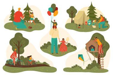 Baba, baba ve çocuk birlikte eğleniyorlar, oyun oynuyorlar, seyahat ediyorlar, bisiklet sürüyorlar beyaz vektör çizimlerinde izole edilmiş düz bisiklet setleri..