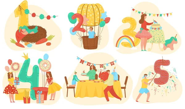 Aniversário celebração números de aniversário com bebê bonito, crianças conjunto de modelos de convite desenho animado ilustração vetorial . — Vetor de Stock