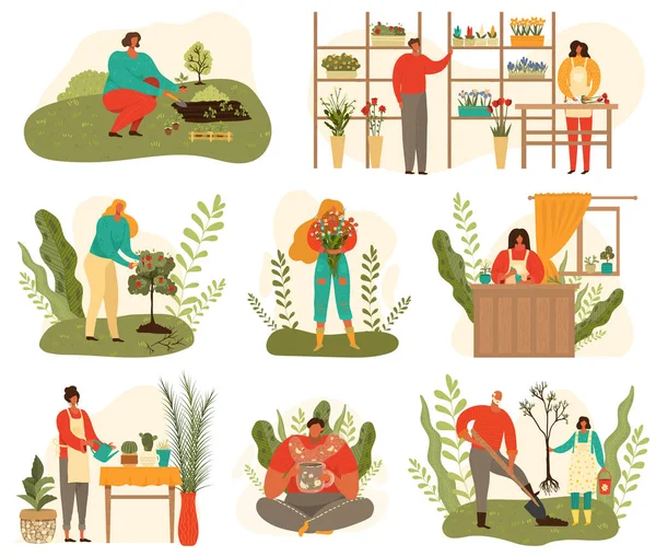 Agricultura y jardinería cosecha conjunto de personas en el trabajo en la granja y el jardín, plantas flores de dibujos animados aislados en la ilustración vector blanco . — Archivo Imágenes Vectoriales