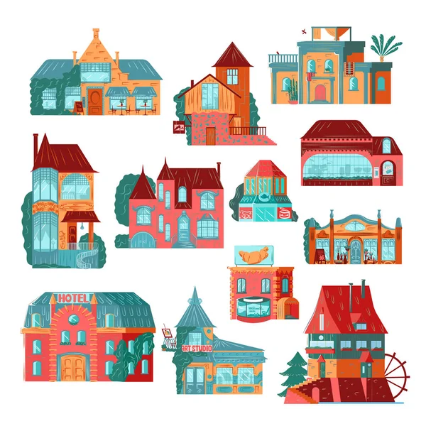 Retro huizen en huisjes gevel pictogrammen set van platte vector illustraties geïsoleerd op wit. — Stockvector