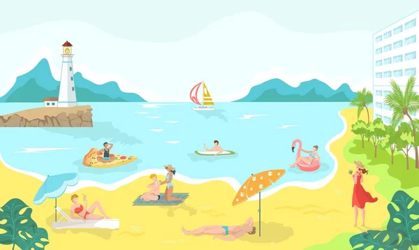 Vacationers in swimsuits at sea beach cartoon vector illustration, summertime relaxation and leisure. — Stock Vector