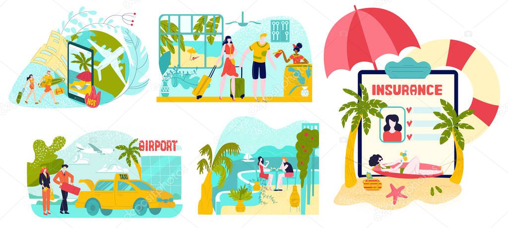 Hot tour, travel, planning summer vacation, tourism set of vector illustrations isolated on white.