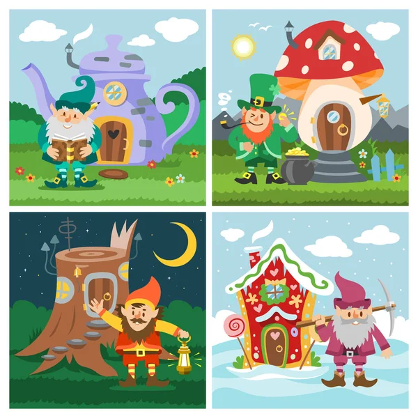 Gnome fantasy house vector cartoon fairy treehouse and magic housing village illustration set of kids banners. — Stock Vector