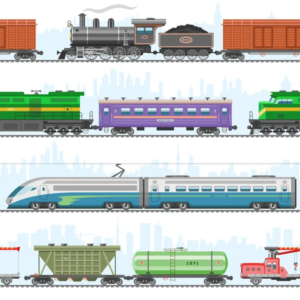 Комплект современного и ретро-железнодорожного транспорта, локомотивы, скоростные пассажирские поезда, вагоны плоские изолированные на белой векторной иллюстрации . — стоковый вектор