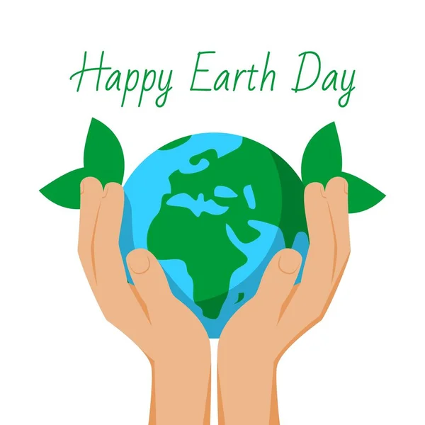 Szczęśliwy dzień ziemi z rąk ludzkich trzymając ziemską kulę ziemską, uratować planetę i świat, koncepcja ekologia kreskówka wektor ilustracja. — Wektor stockowy