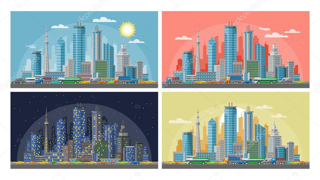 Urban city vector illustrations set, morning, sunset, night and day cityscape, panoramas in diffrent time of daytime.