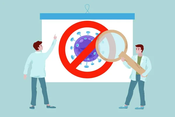 Πανό του Coronavirus με εικονογράφηση διάνυσμα γιατρού. ανθρώπινο χαρακτήρα ιατρική στολή εξετάζει μικροσωματίδιο χρησιμοποιώντας μεγεθυντικό φακό. — Διανυσματικό Αρχείο