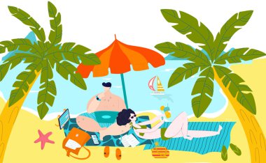 Egzotik adalara sıcak bir gezi, aile, kadın ve erkek için deniz kıyısında palmiyeler, turizm düz vektör çizimi.