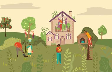 Meyve bahçesindeki insanlar, ağaçlar ve bitkiler, doğa, ekoloji ve dikim, botanik yassı vektör çizimi.