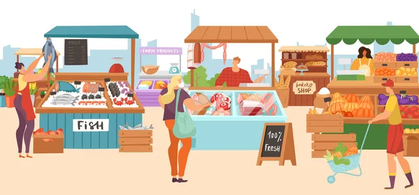 Levensmiddelenmarkt verkoop kraampjes, lokale boer slager, vis kiosk winkel, bakkerij en groenten fruit staat vlakke vector illustraties. — Stockvector