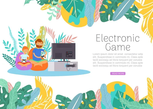 Boy együtt apa játszani elektronikus videojátékok, apa és fia játékosok rajzfilm web sablon vektor illusztráció. — Stock Vector