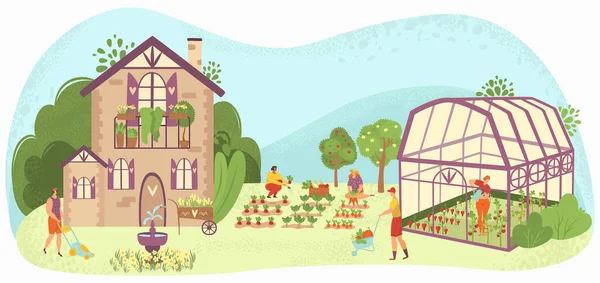 Cuidado del jardín personas jardinería cerca de la casa de campo, el cuidado de las plantas en la casa de la planta y verduras jardineros plana vector ilustración . — Archivo Imágenes Vectoriales