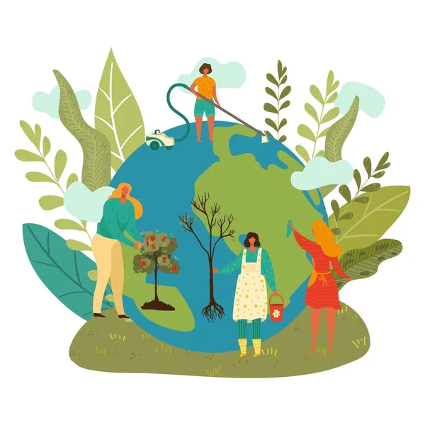 Feliz día de la tierra, el medio ambiente planeta verde, la gente plantando árboles, limpieza globo ecología plana vector aislado ilustración . — Vector de stock