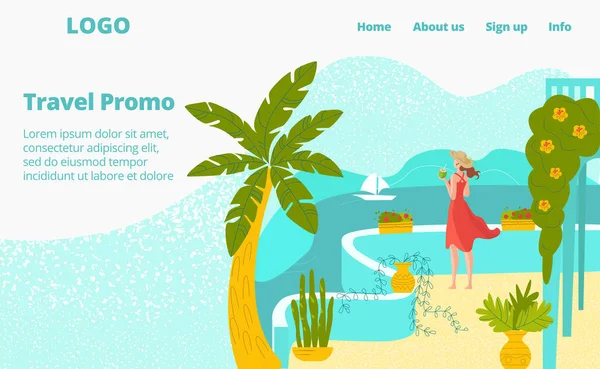 Viagem turística quente para férias no verão, mulher no terraço do hotel do mar com palmas, ilustração vetorial plana de turismo . — Vetor de Stock