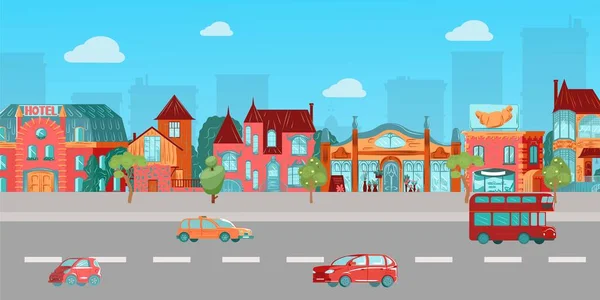 Régi európai házak, utca, autópálya retro autókkal, kis város koncepció rajzfilm vektor illusztráció, városi táj. — Stock Vector