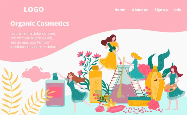 Cosméticos orgânicos e perfumes de flores, extratos de plantas para meninas, página web de beleza ilustração vetorial de desenhos animados plana . — Vetor de Stock