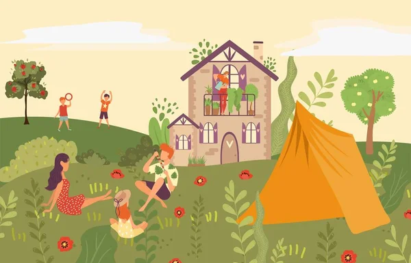 Personas en el jardín, picnic en el patio trasero de la casa de campo, al aire libre en la naturaleza de verano con los niños y tienda de campaña plana vector ilustración . — Archivo Imágenes Vectoriales