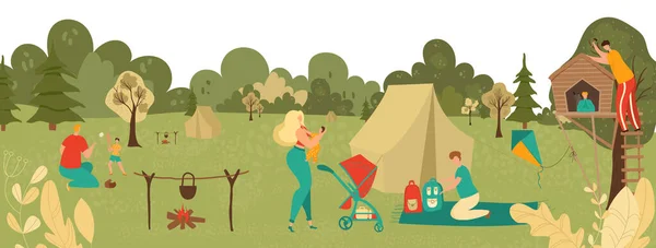 People relaxing in park with kids, parents playing with children, picnic and hiking in nature landscape in summer cartoon vector illustration.