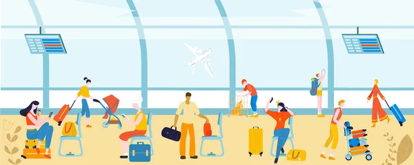 Turistas con equipaje en las personas del aeropuerto, pasajeros que viajan, equipaje en la ilustración plana vector de salida . — Vector de stock