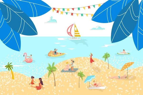 Διακοπές στη θάλασσα παραλία υπόλοιπο άνθρωποι ηλιοθεραπεία, ιστιοπλοΐα surfing στην άμμο, διακοπές θέρετρο νερό επίπεδη διανυσματική απεικόνιση. — Διανυσματικό Αρχείο
