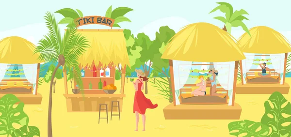 Bangalôs do mar para turistas e turistas pessoas em resort tailandês tropical, massagem, cabana para meditação e bar em férias ilustração vetorial plana . —  Vetores de Stock