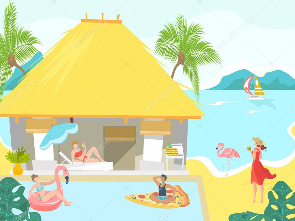 Vacationers at sea beach bungalow people sunbathing on tropical resort, vacation flat vector illustration.