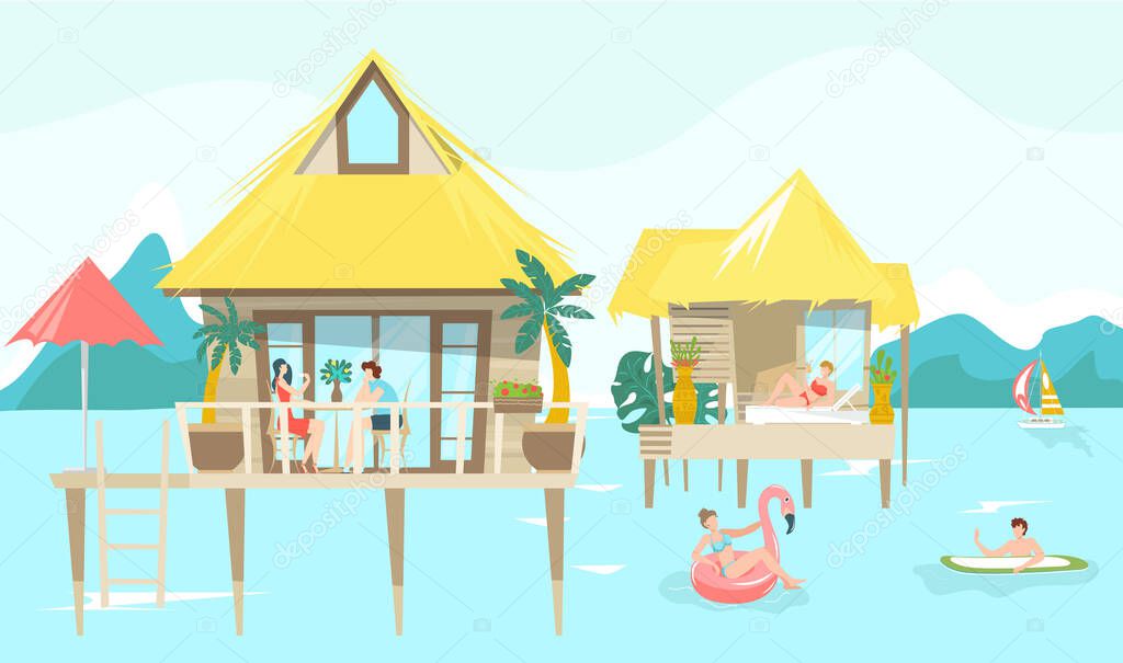 Sea bungalow and vacationers people sunbathing on tropical thai resort, vacation flat vector illustration.