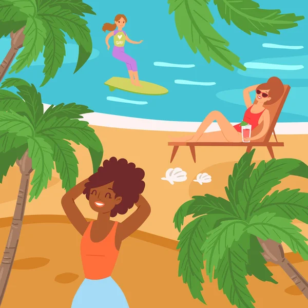 Desenhos animados praia pessoas, fim de semana ilustração vetor. Mulher surfando na onda do oceano, coquetel de frutas menina descansando, deite-se no leito solar, banhos de sol —  Vetores de Stock