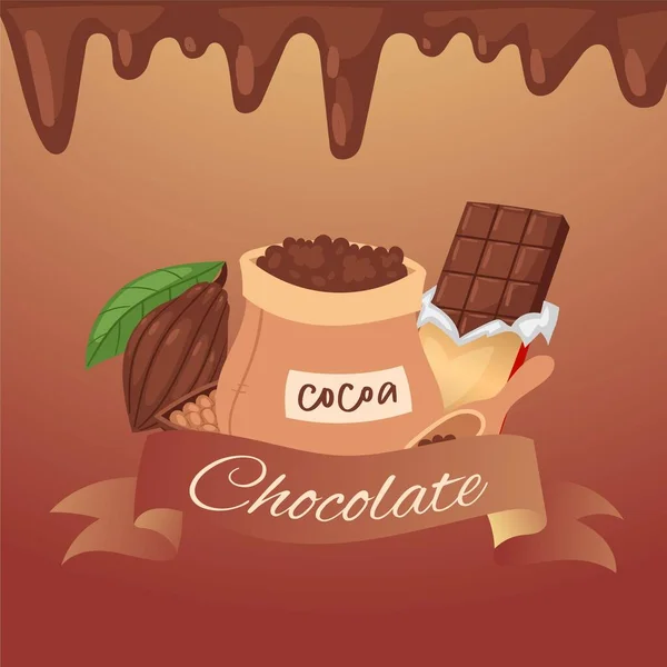 Banner de chocolate, ilustración de vectores de cacao. Producto de calidad natural, dulce en envases coloridos. Lote granos de cacao — Archivo Imágenes Vectoriales