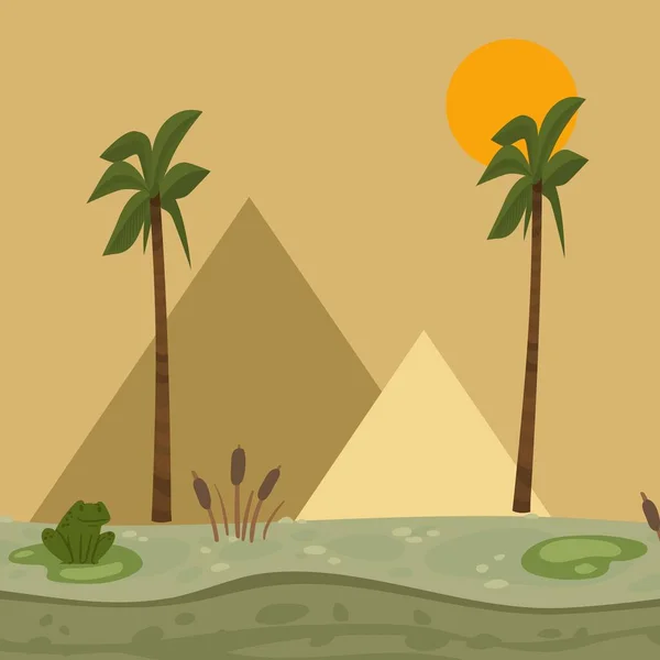 Egypten landskap, pyramid vektor illustration. Afrika natur, träsk med näckrosor, groda, vass. — Stock vektor