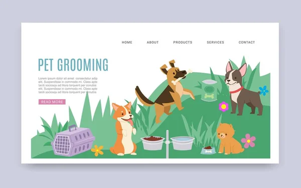 Servicio de peluquería de mascotas y productos sanitarios ilustración de vectores de plantillas web de dibujos animados con perros de diferentes razas . — Vector de stock