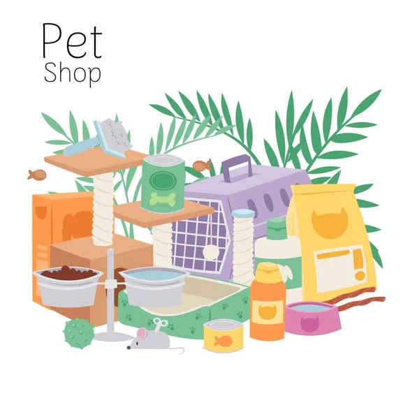 Affiche Petshop contient cage pour chats et chiens, jouets, aliments pour animaux de compagnie, bols et illustrations vectorielles de feuilles de plantes maison . — Image vectorielle