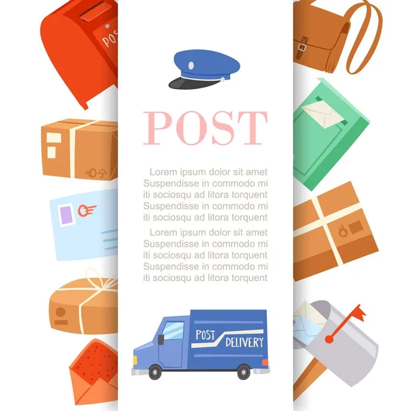 Почтовые письма и плакат службы доставки посылок с почтовой карточкой, кепкой почтальонов и векторной иллюстрацией для грузовиков . — стоковый вектор