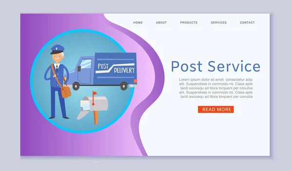 Postdienst brieven en pakketten levering web template met postwagen, postbode cartoon vector illustratie. — Stockvector