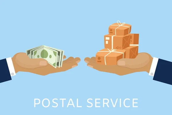 Концепция доставки почты и посылок за деньги руками почтальона и оплата наличными долларами . — стоковый вектор