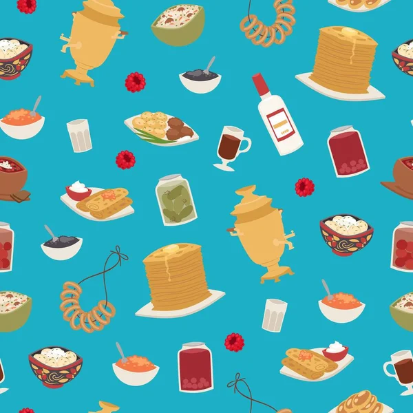 Ryska mat sömlöst mönster med tunna pannkakor, röd kaviar, vodka och samovar, kött dumplings tecknad vektor illustration. — Stock vektor