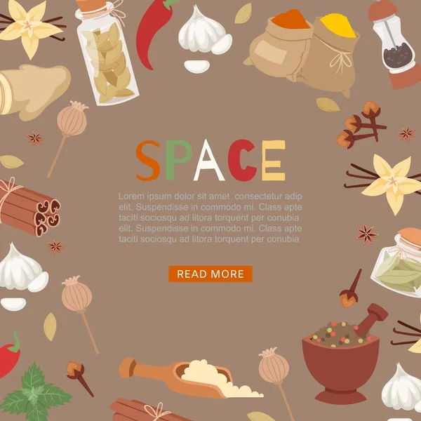 Cartaz picante de desenhos animados de especiarias com aroma e ingrediente de sabor de condimentos alimentares ilustração vetorial . — Vetor de Stock