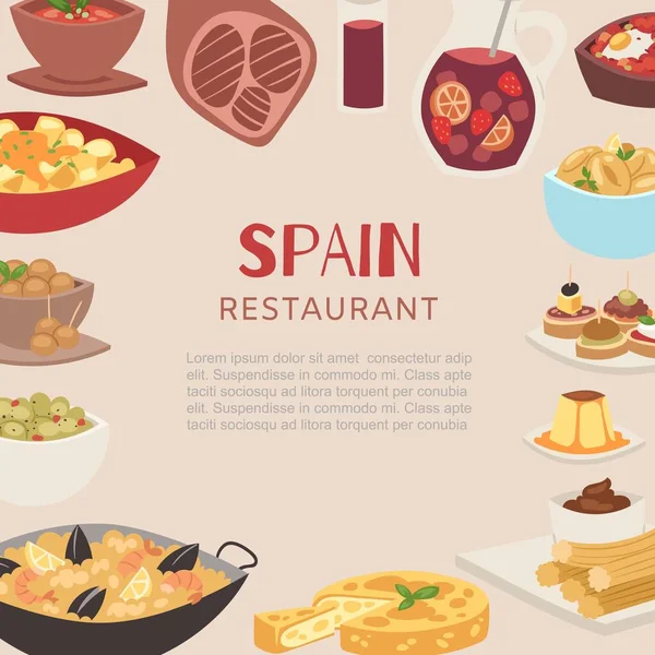 Espanha e espanhol restaurante cozinha pratos tradicionais cartaz vetor ilustração . — Vetor de Stock