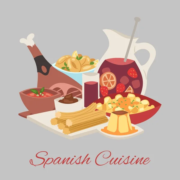 Cozinha espanhola fundo prato tradicional Paella, carne de vaca perna e bebida vetor ilustração para restaurante ou café . — Vetor de Stock