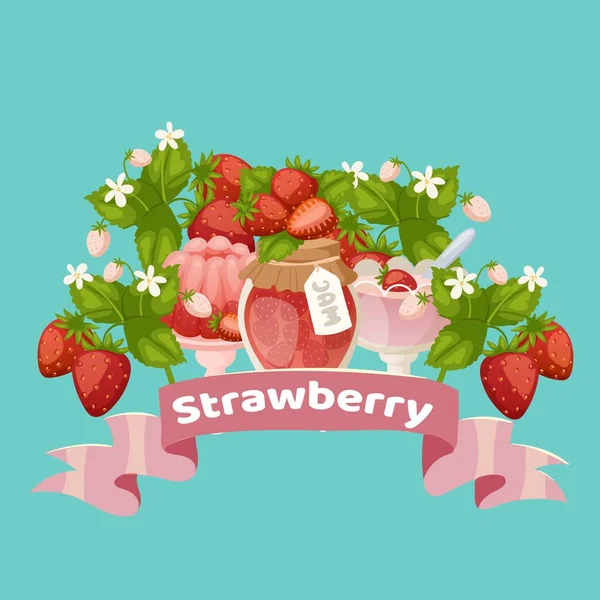 Postres dulces de fresa con mermelada, pastel, bayas frescas y jugo con ilustración de vectores de dibujos animados de cinta rosa . — Vector de stock