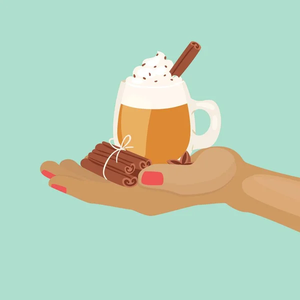 Xícara de cacau ou café com chocolate e chantilly e especiarias canela na mão desenho animado ilustração vetorial . — Vetor de Stock