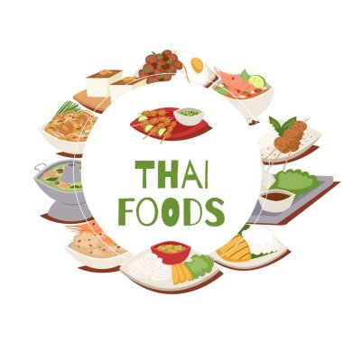 Tayland yemek posteri, Tayland mutfağı vektör illüstrasyonu, Tom Yam Goong, Asya yemeği, Tayland baharatlı yemekleri..