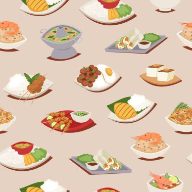 Tayland yemekleri, Tayland mutfağı vektör çizimi, Tom Yam Goong, Asya yemekleri, Tayland baharatlı yemekler..