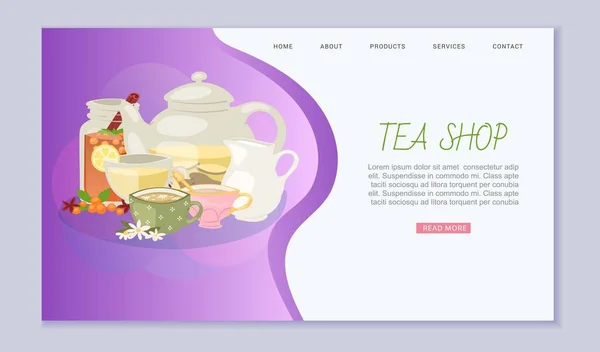 Chá com ervas e especiarias ingredientes camomila, limão e anis estrela, chaleira e bule web template vector ilustração . —  Vetores de Stock